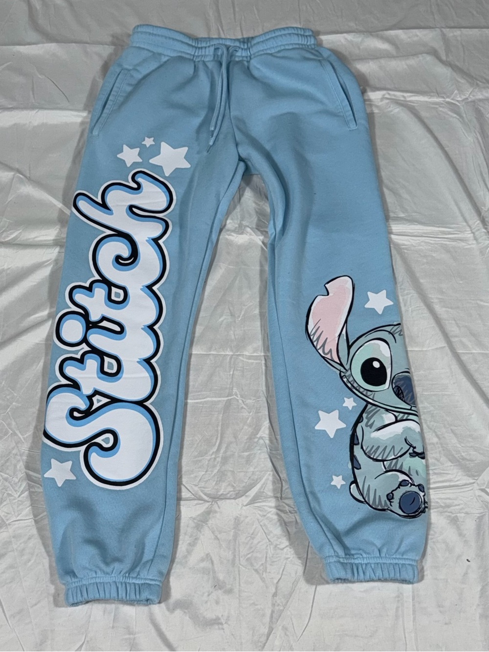 Disney Stitch Women’s S Light Blue Graphic Fleece Jogger Sweatpants Y2K